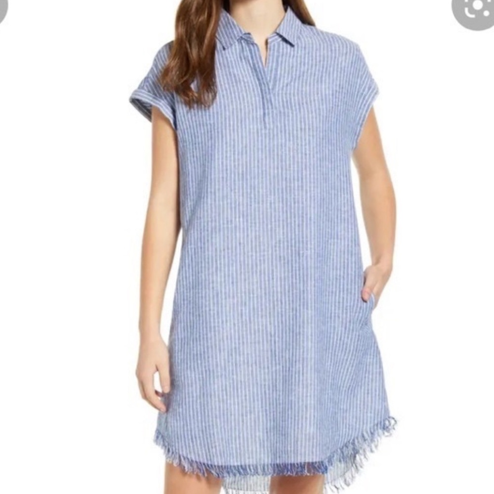 Beach Lunch Lounge Casual Nautical Blue Stripe Shirt Dress Cotton Linen Blend XS